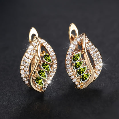 A pair of luxurious horse eye cut colorful gemstone earrings, zircon pendant hollow leaf style wedding earrings