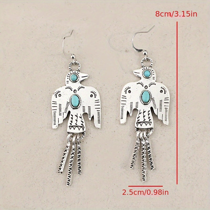 A pair of vintage eagle azure gemstone with ethnic engraving pattern fringed fashion stud earrings, alloy and synthetic crystal, iron stud earrings, silver tone
