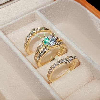 18k Gold Plated Round zirconia Set Ring Fashion Luxury Engagement Wedding Jewelry For Women Ring Set 3pcs