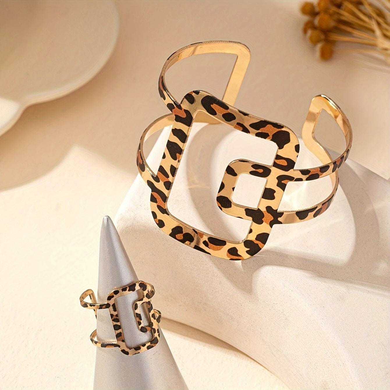 Vintage Bohemian Style Stylish Simple Hollow Cross Square Geometric Double Layer Leopard Print Versatile Ladies Bracelet Ring Set