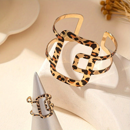 Vintage Bohemian Style Stylish Simple Hollow Cross Square Geometric Double Layer Leopard Print Versatile Ladies Bracelet Ring Set