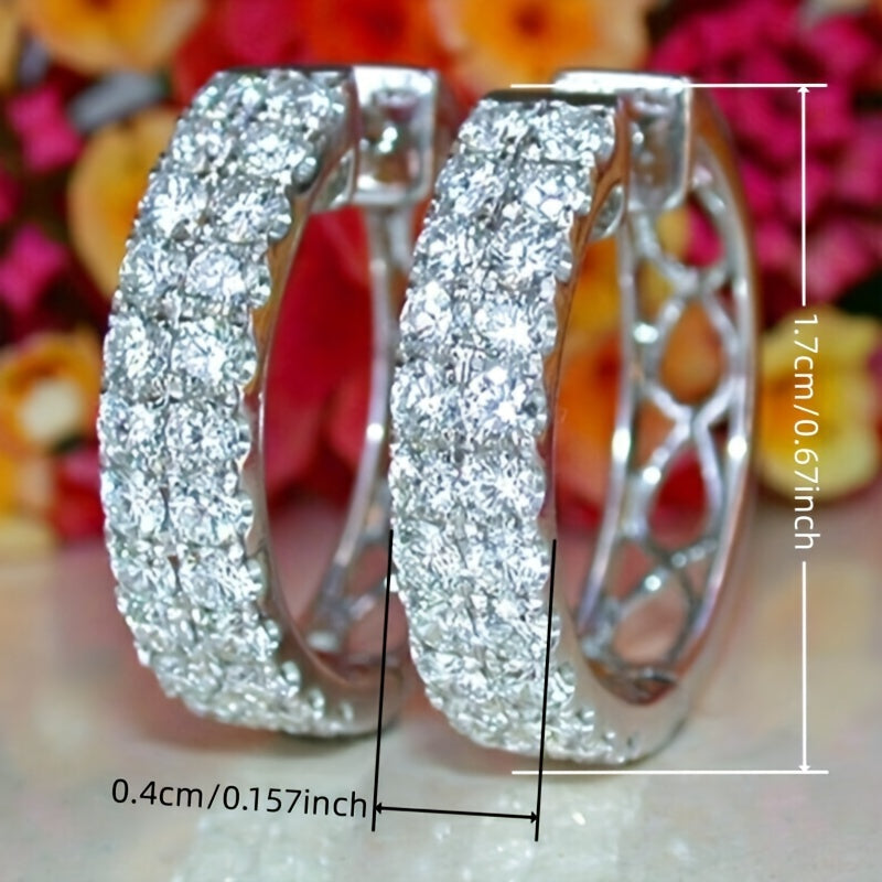 Ladies' Elegant Double Row Zirconia Round Earrings - Nickel-Free Copper, Perfect for Casual Attire and Parties