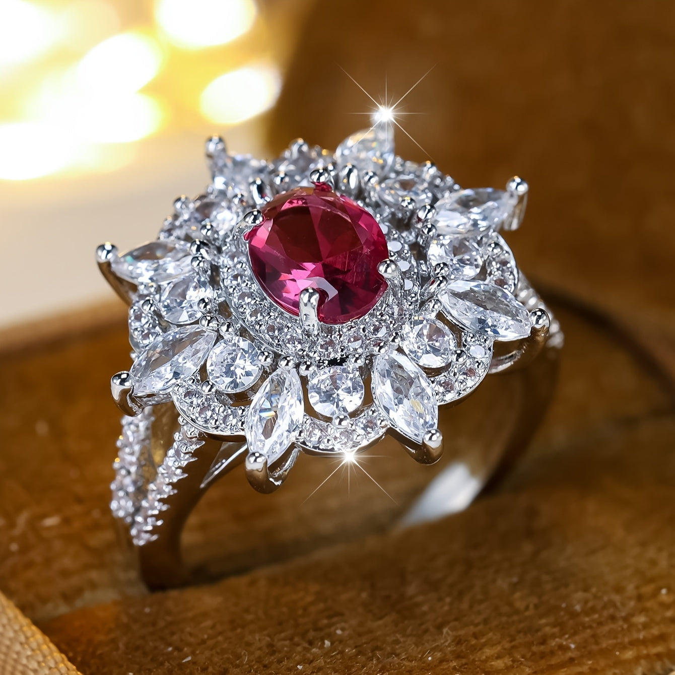 An elegant bohemian style engagement ring, copper with synthetic cubic zirconia, oval pink halo, full band of white water droplets, luxurious wedding, party, lady's birthday gifts