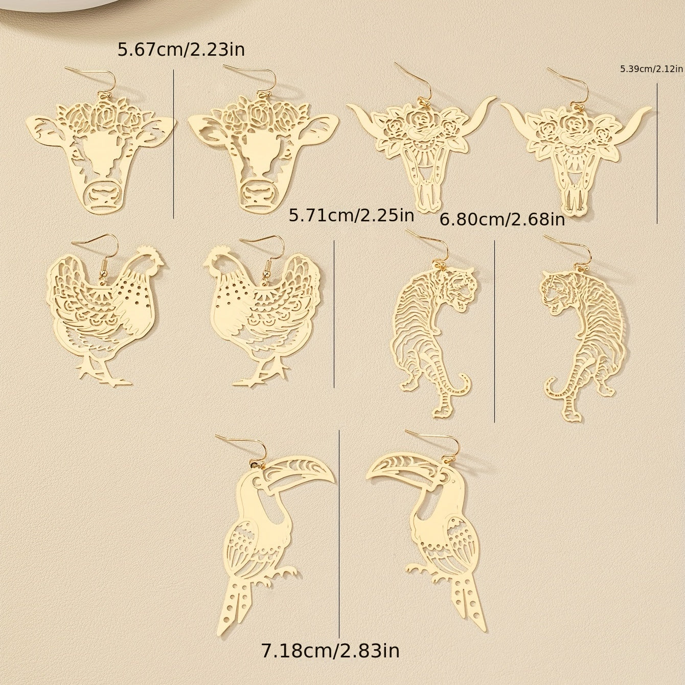 Gold Metal Animal Design Hollow Pendant Earrings Vintage Vacation Style Copper Jewelry Exquisite Women's Gifts