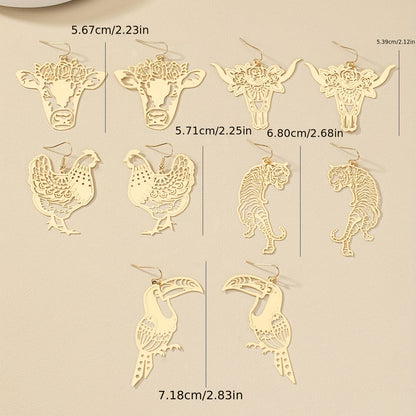 Gold Metal Animal Design Hollow Pendant Earrings Vintage Vacation Style Copper Jewelry Exquisite Women's Gifts