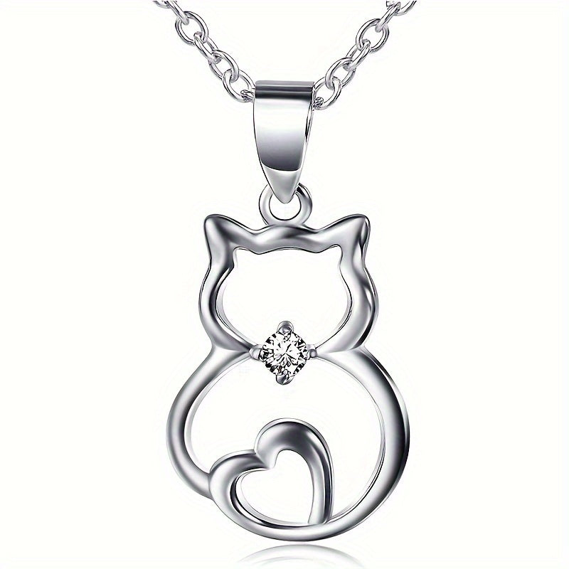 Cute kitten holding round Zirconia pendant necklace, stylish with a loving tail design, girl animal necklace, birthday gift, party and casual wear accessories