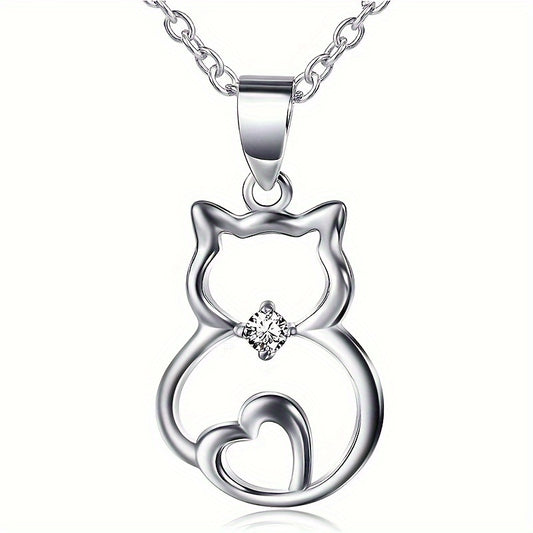 Cute kitten holding round Zirconia pendant necklace, stylish with a loving tail design, girl animal necklace, birthday gift, party and casual wear accessories