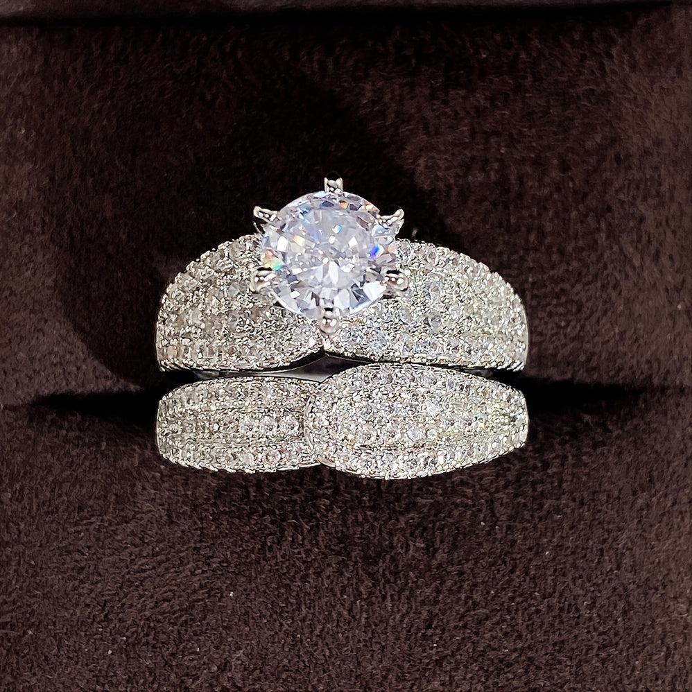 2 Pieces/Set 925 Silver Plated Bridal Wedding Zirconia Ring, Ladies Engagement Proposal Gift Jewelry