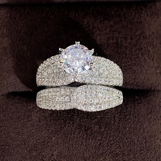 2 Pieces/Set 925 Silver Plated Bridal Wedding Zirconia Ring, Ladies Engagement Proposal Gift Jewelry