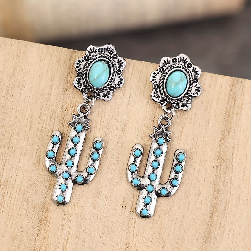 Ladies Fancy Cactus Design Antique Copper Turquoise Earrings Western Exaggerated Pendant Earrings