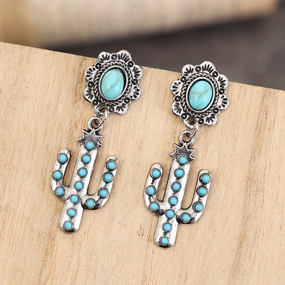 Ladies Fancy Cactus Design Antique Copper Turquoise Earrings Western Exaggerated Pendant Earrings