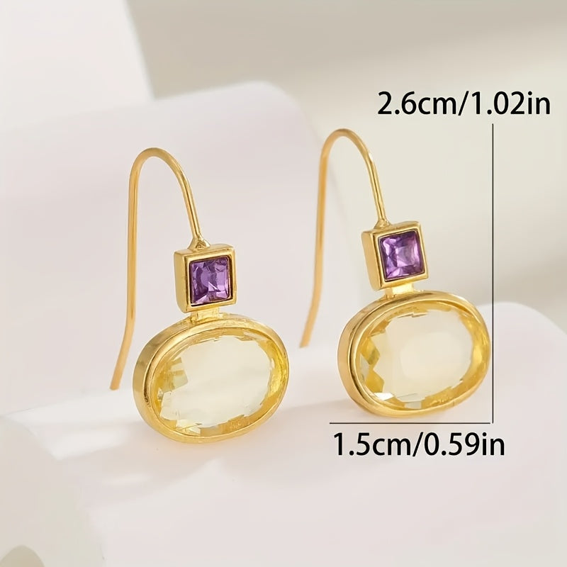 A pair of vintage bohemian 14K gold-plated brass stud earrings with champagne glass drops and purple trim - elegant drop ear stud earrings for Women's daily wear and gift giving, Christmas ornament collection