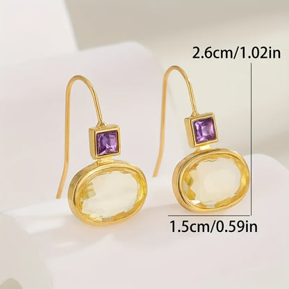 A pair of vintage bohemian 14K gold-plated brass stud earrings with champagne glass drops and purple trim - elegant drop ear stud earrings for Women's daily wear and gift giving, Christmas ornament collection