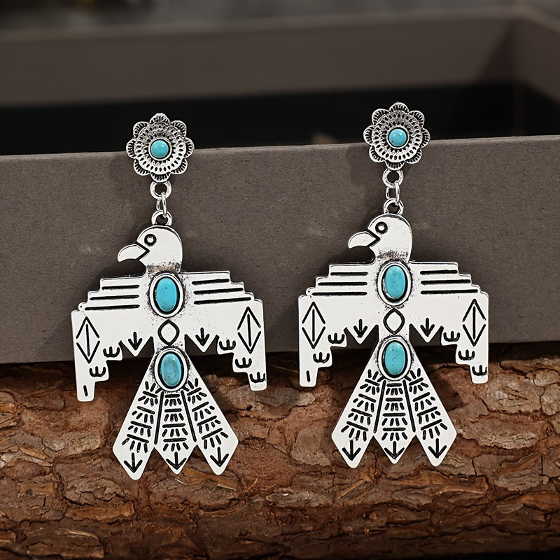 Bohemian Vintage Eagle Totem Turquoise Pendant Earrings - Silver Plated, Stainless Steel Studs, Ladies Only | Perfect for Parties and Vacations