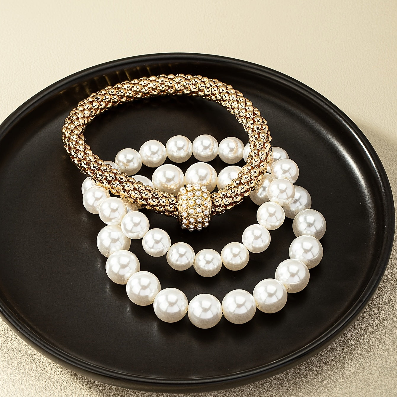 Faux Pearls Bracelet Kit 14K Gold Plated Stretch Hand Jewelry Set For Women & Girls 3 Pcs