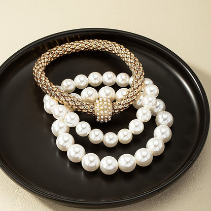 Faux Pearls Bracelet Kit 14K Gold Plated Stretch Hand Jewelry Set For Women & Girls 3 Pcs