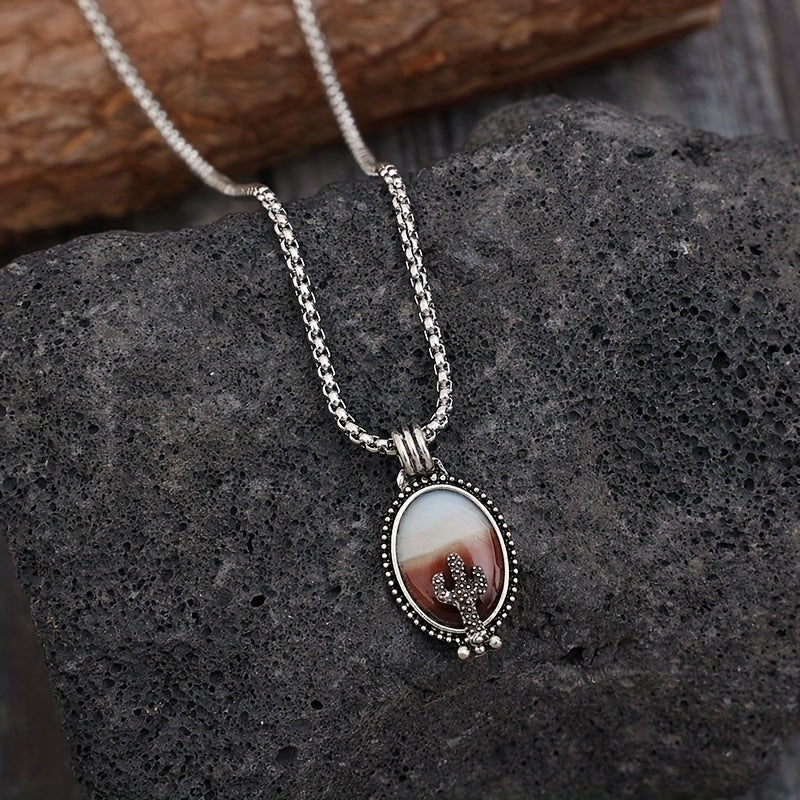 Desert Cactus Decorative Oval Pendant Necklace Western Resin Pendant Necklace Casual Accessories