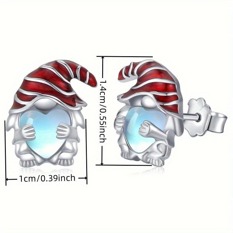 Elegant and cute moonstone heart stud earrings with red Christmas hat - nickel-free copper for everyday wear or holiday parties