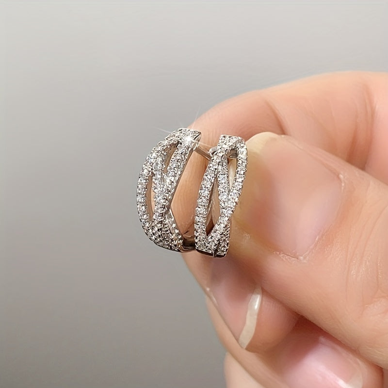 1 Pair Cross-twisted Interwoven 925 Silver-plated Zirconia Ring Earrings for Women's Everyday Casual Fashion Accessories