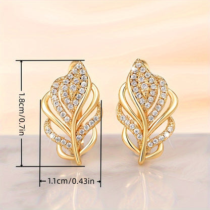 Delicate leaf design ring earrings, copper jewelry, inlaid with shiny Zirconia, elegant and luxurious style, Women's daily party wear