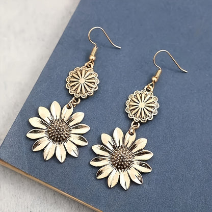 A pair of Women's fashion pendant earrings, sunflower flower temperament elegant retro bohemian style, suitable for daily versatile gifts