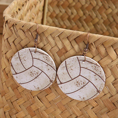 Vintage imitation old baseball basketball football volleyball printed PU leather earrings, cute retro style, iron pillar, four seasons daily wear accessories, sports design, red stitching and white PU leather texture