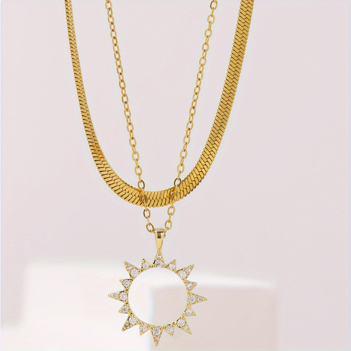 Elegant style zircon sun pendant necklace, stainless steel flat snake chain, double necklace, women's holiday daily jewelry gift