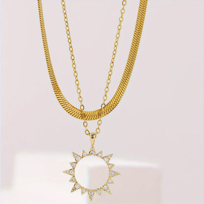 Elegant style zircon sun pendant necklace, stainless steel flat snake chain, double necklace, women's holiday daily jewelry gift
