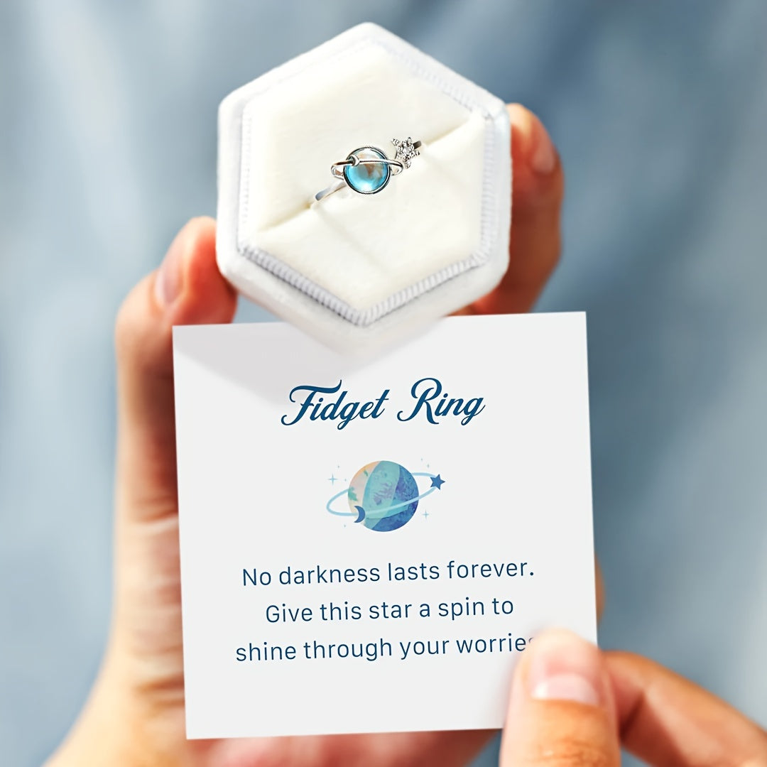 Elegant Adjustable Ring with Blue Synthetic Gemstone - Stylish Earth and Moon Design for Casual Attire or Perfect Gift for Friends/Lovers/Family