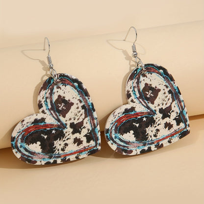 Vintage Heart-Shaped Cow Pattern Pendant Earrings Vintage Western PU Leather Jewelry Fashion Holiday Earrings