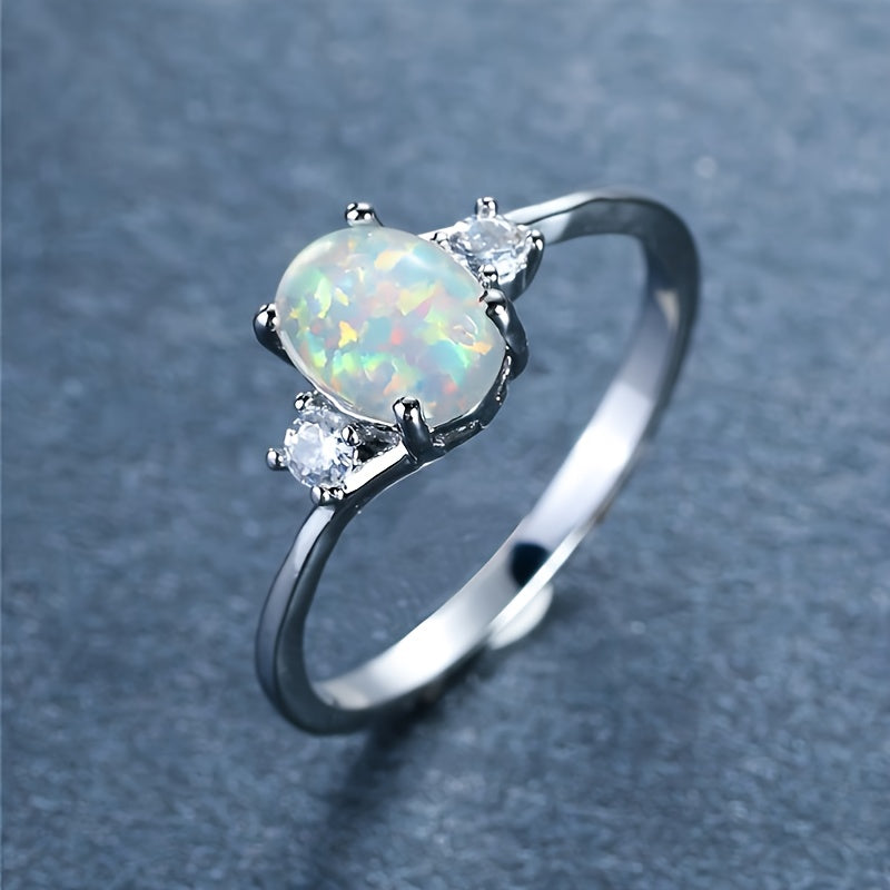 White Opal Gemstone Engagement Ring Classic Silver Luxury Faux Crystal Oval Wedding Ring Women's