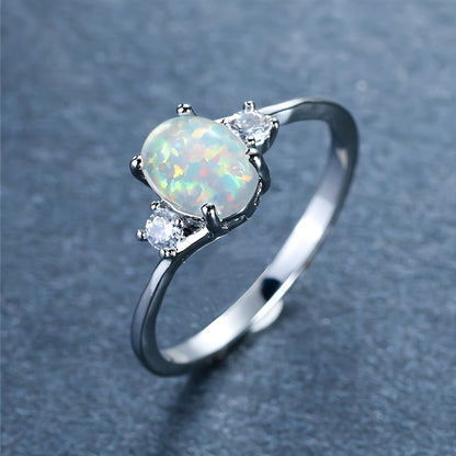 White Opal Gemstone Engagement Ring Classic Silver Luxury Faux Crystal Oval Wedding Ring Women's