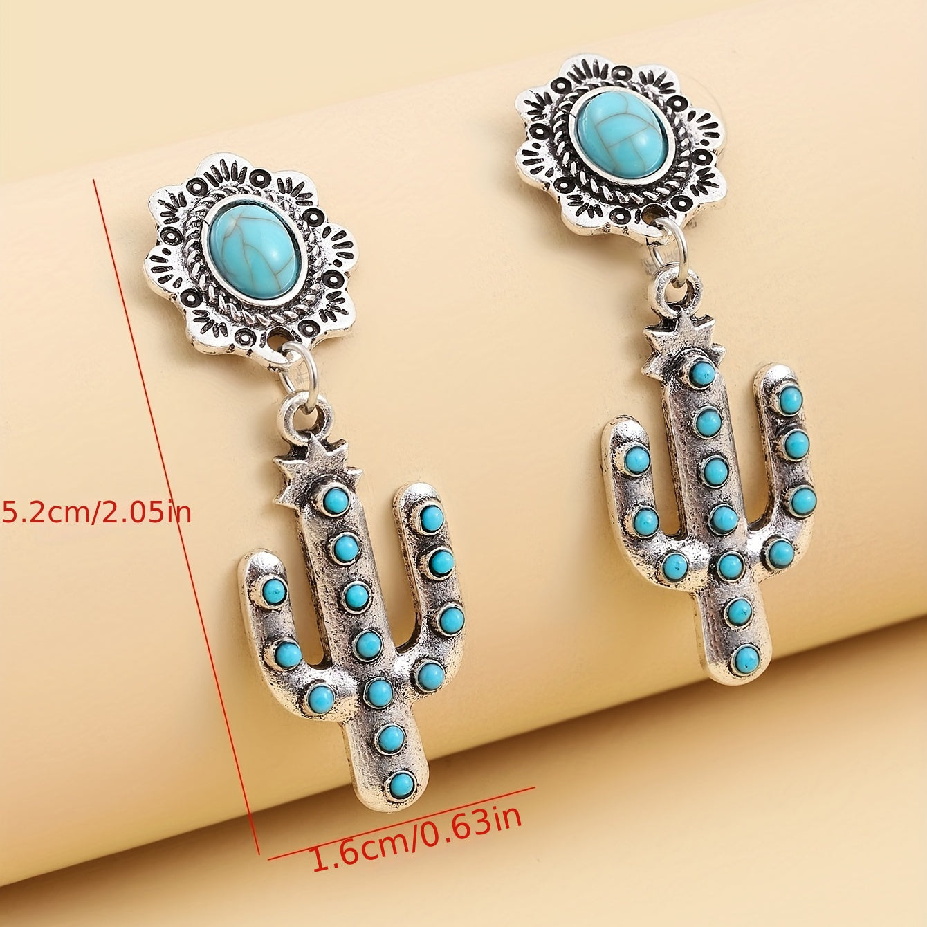 Ladies Fancy Cactus Design Antique Copper Turquoise Earrings Western Exaggerated Pendant Earrings