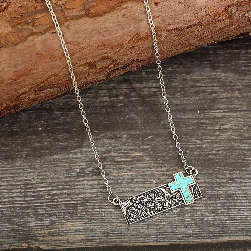 Vintage Square Turquoise Floral Cross Necklace Vintage Bohemian Necklace Jewelry Gifts