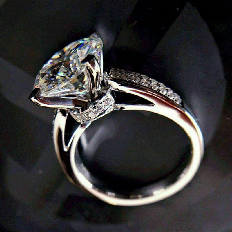 Classic 925 Silver Plated 4 Claw 2 Carat, Zircon, Sub Stone, Micro Set, Small Crystal Ring, Ladies, Engagement, Wedding Ring
