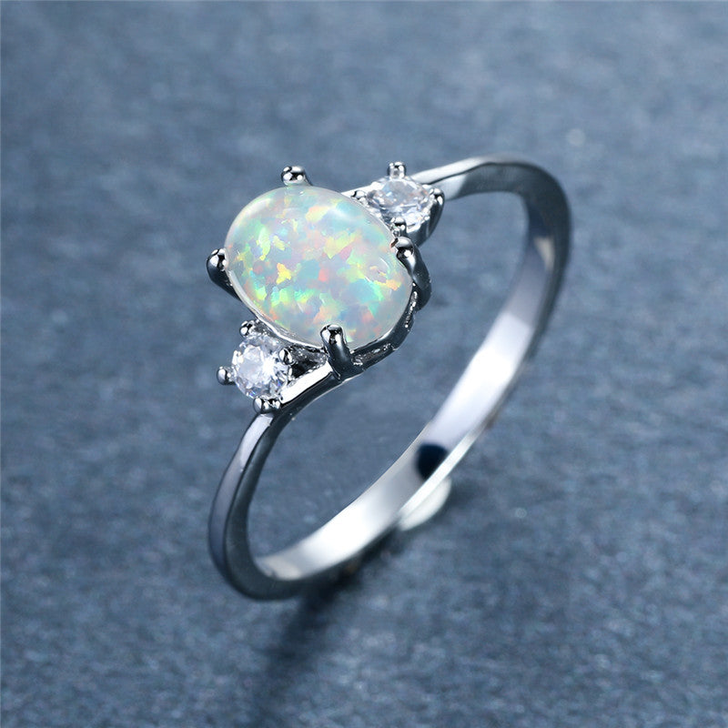 White Opal Gemstone Engagement Ring Classic Silver Luxury Faux Crystal Oval Wedding Ring Women's