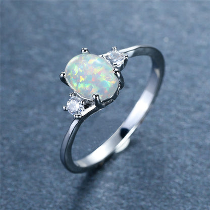 White Opal Gemstone Engagement Ring Classic Silver Luxury Faux Crystal Oval Wedding Ring Women's