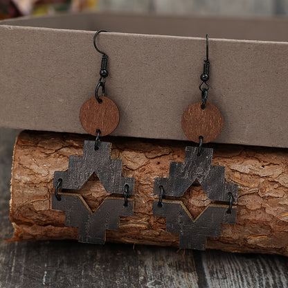 Vintage geometric pattern wooden pendant earrings with iron ear hooks, vintage distressed southwest style pendant earrings for Casual Attire - compatible with all seasons