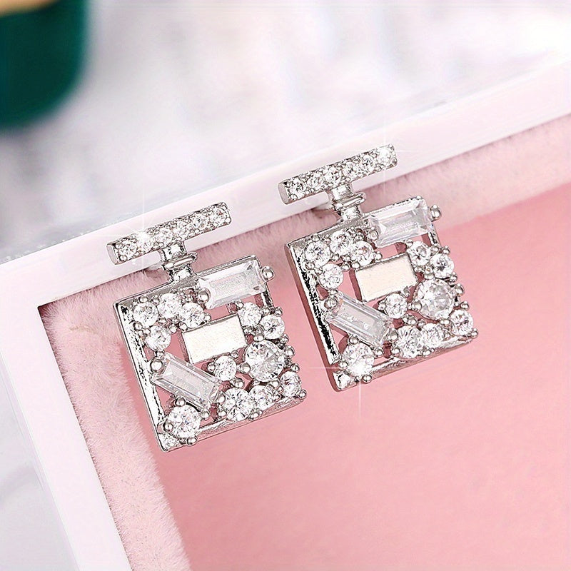 Ladies Daily Party Lover Gift Jewelry Unique Square Zircon Design Stud Earrings