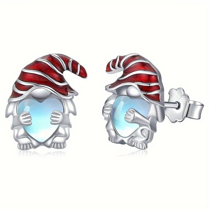 Elegant and cute moonstone heart stud earrings with red Christmas hat - nickel-free copper for everyday wear or holiday parties