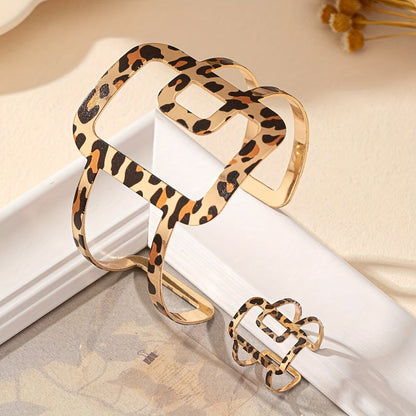 Vintage Bohemian Style Stylish Simple Hollow Cross Square Geometric Double Layer Leopard Print Versatile Ladies Bracelet Ring Set