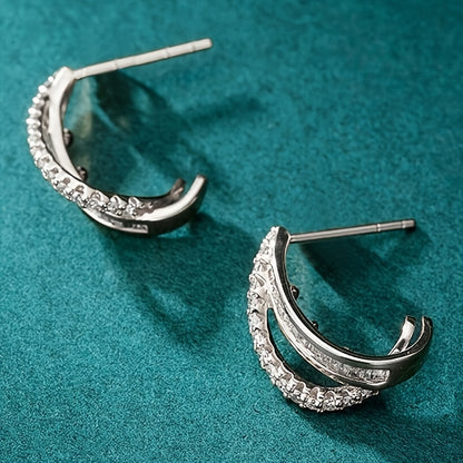 Stylish and simple geometric double curved micro-shop zircon earrings women's party vacation daily leisure accessories