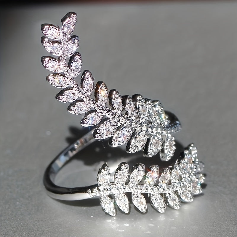 Creative leaf wrap ring, silver plated with sparkling Zirconia, adjustable cuff ring, Women's daily and party clothing matching