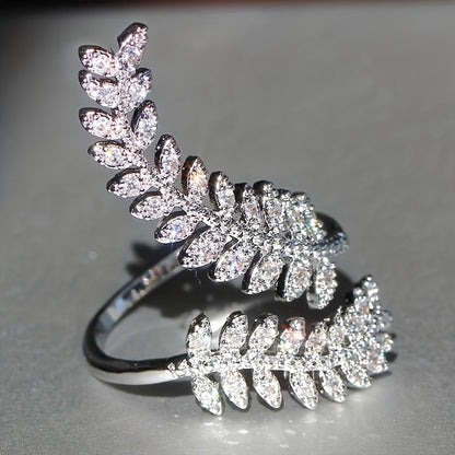 Creative leaf wrap ring, silver plated with sparkling Zirconia, adjustable cuff ring, Women's daily and party clothing matching