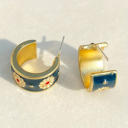 Exquisite 18K Gold Plated Flower Enamel Round Earrings Women's Wedding Engagement Party Gifts Vintage Bridal Accessories