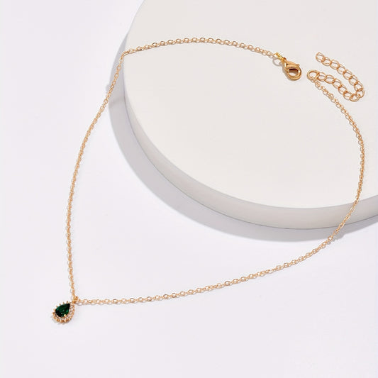 1 elegant teardrop green synthetic diamond pendant necklace, minimalist style copper chain, fashionable women's accessories, suitable for daily wear and gift giving, jewelry for all seasons