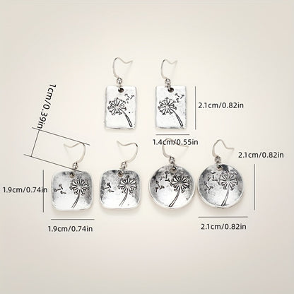 Silver Round Dandelion Pattern Hook Earrings Vintage Bohemian Copper Silver Plated Jewelry Fashion Women's Gift