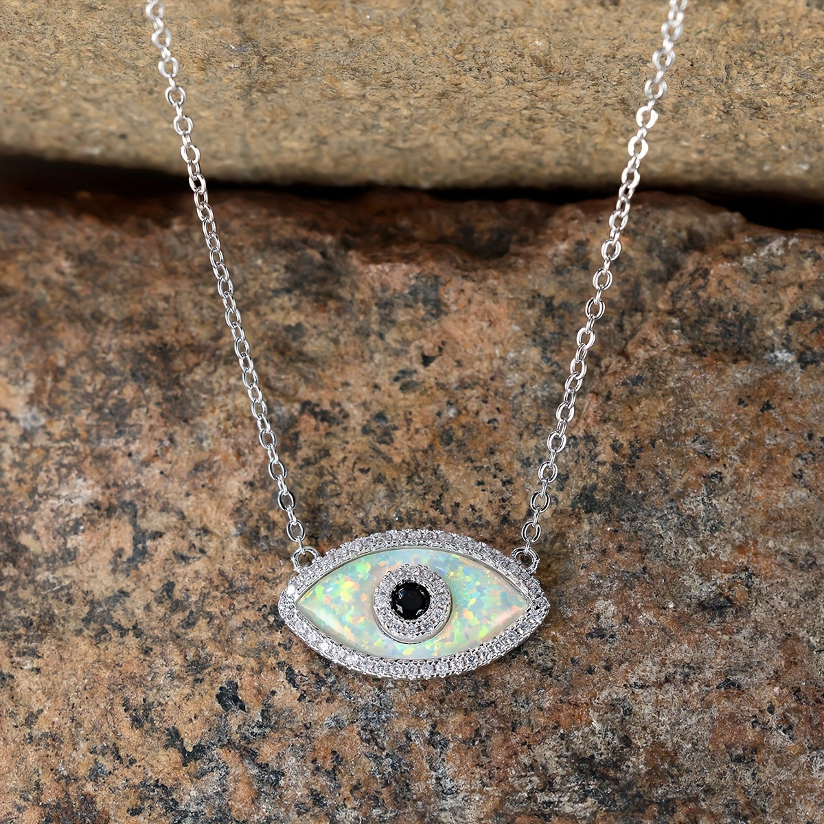 Bohemian Silver Opal Wicked Eye Pendant Necklace with Black Zircon - Perfect for Parties and Casual Dresses