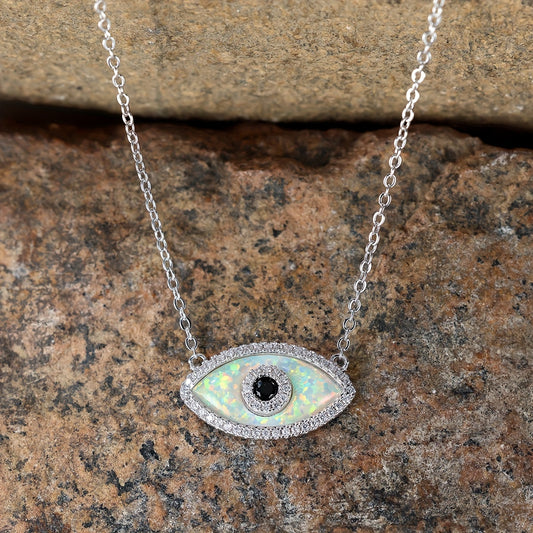 Bohemian Silver Opal Wicked Eye Pendant Necklace with Black Zircon - Perfect for Parties and Casual Dresses