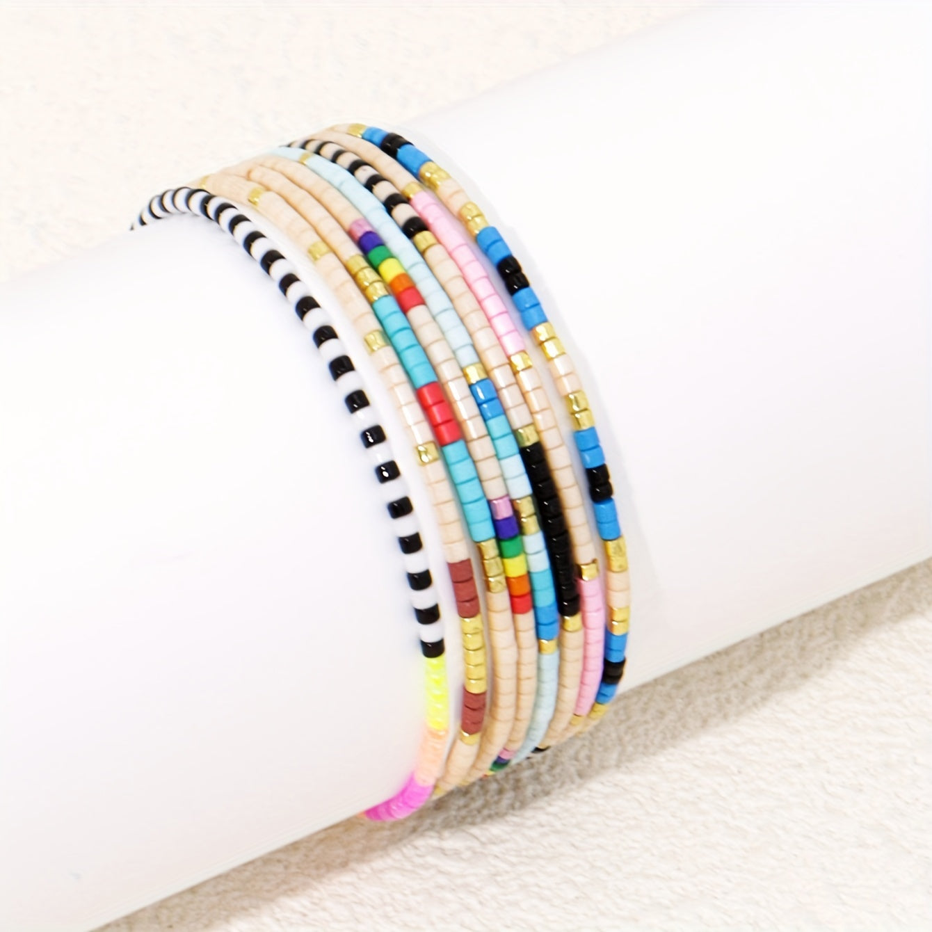 8-Piece Bohemian Beaded Bracelet Set - Colorful Handmade Elastic Multi-Layer Wristbands for Party and Vacation Accessories, Perfect Gifts for Friends